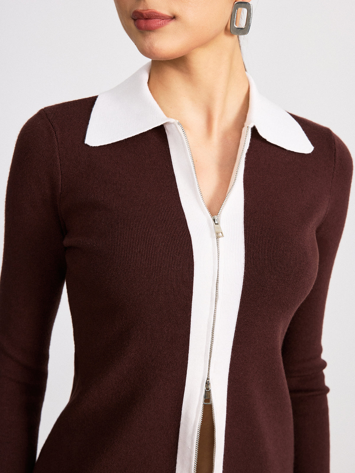 Cardigan zippé en laine mélangée à col contrastant