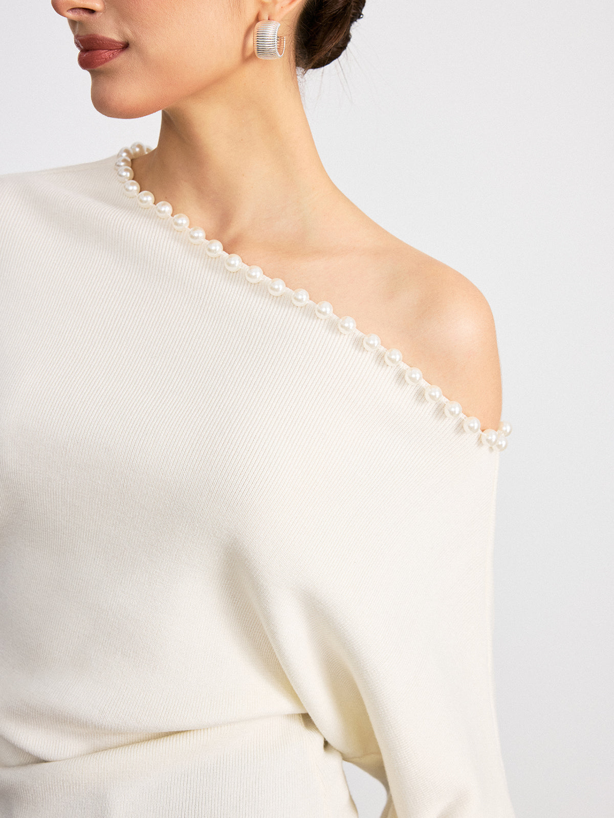 Off-Shoulder Pearl Embellished Wool Blend Sweater