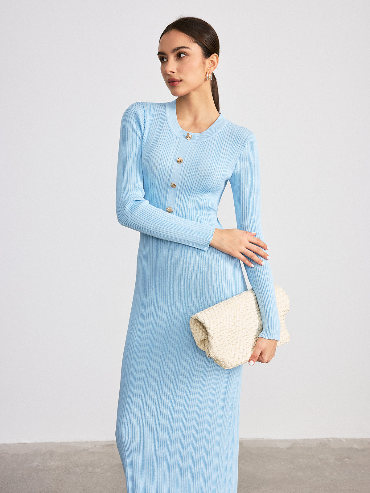 Metal Detail Ribbed Knit Maxi Dress