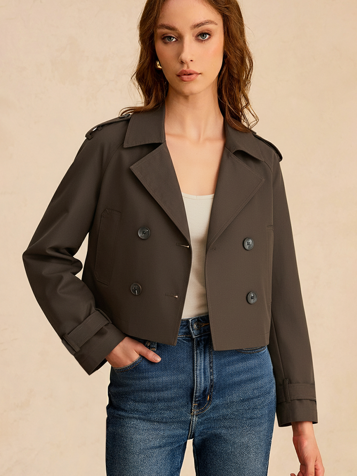 Double-Button Cropped Trench Coat