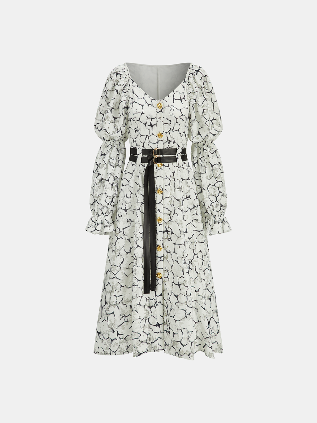 Robe longue en dentelle à manches bouffantes avec double ceinture
