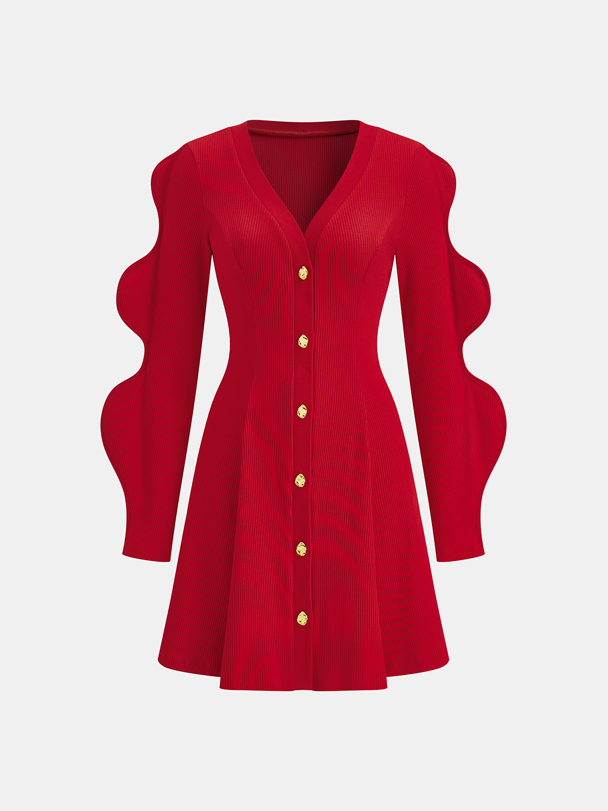 Robe courte en maille côtelée à boutons et manches festonnées