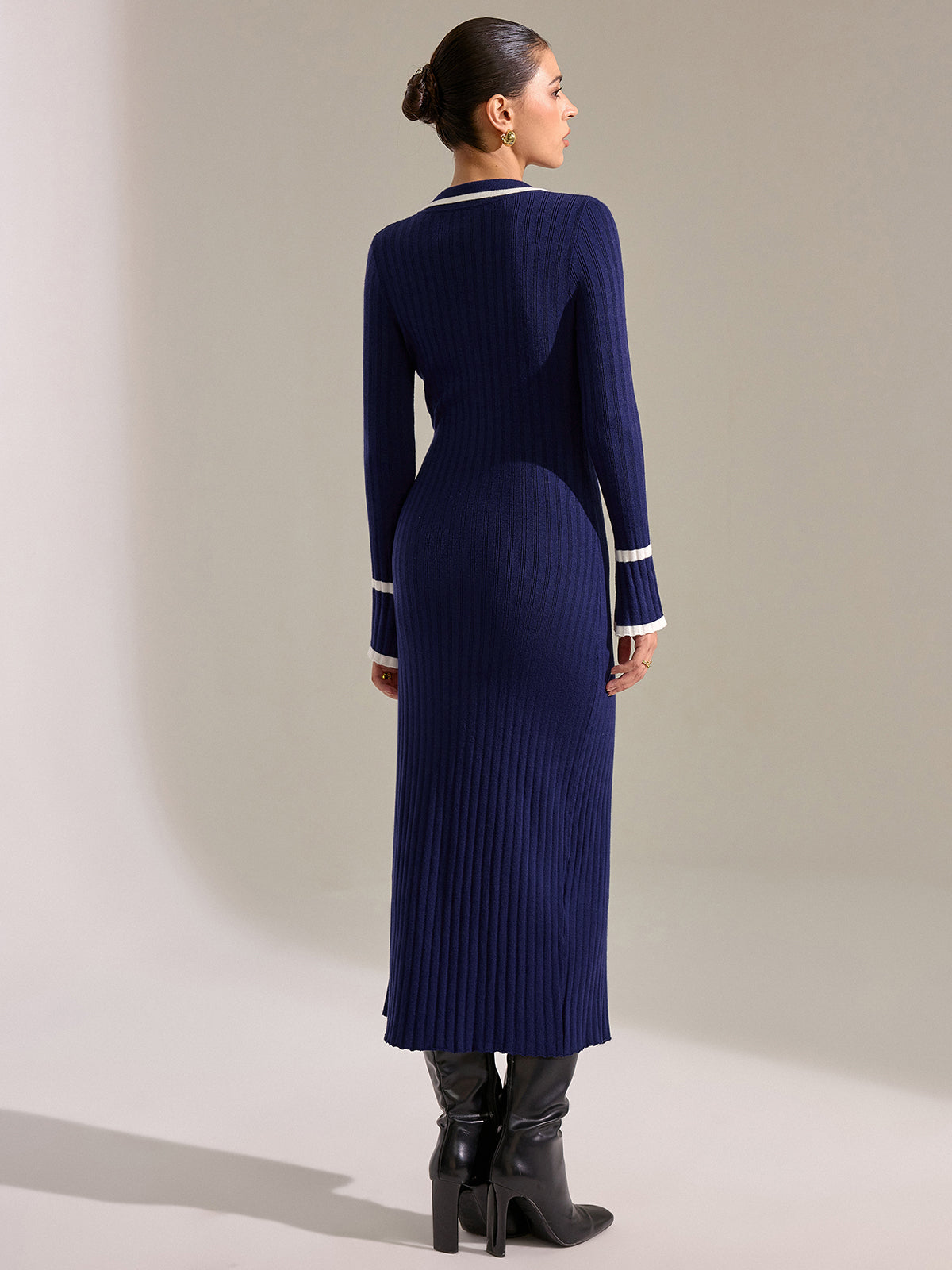 Contrast Trim Button Front Slim Fit Midi Dress