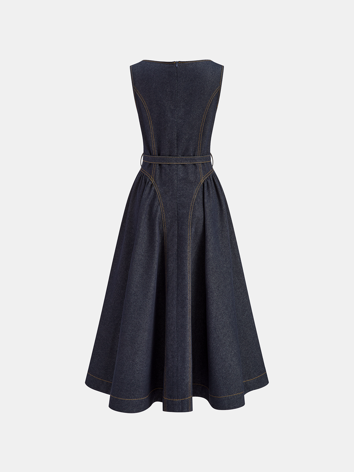Denim Sleeveless Belted Flared Maxi Dress