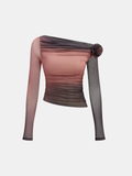 3D Rose Detail Ombre Mesh Off-Shoulder T-Shirt