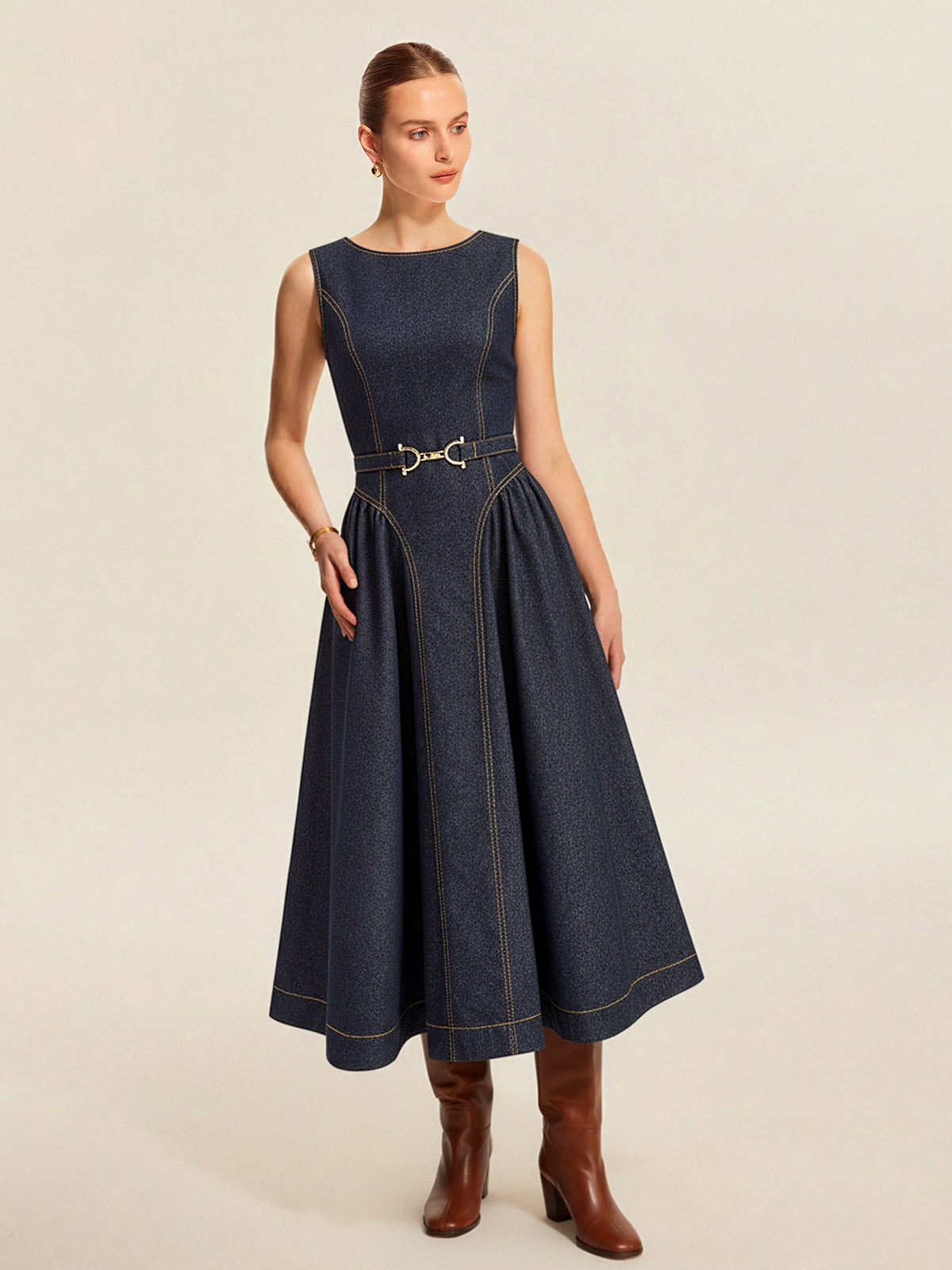 Denim Sleeveless Belted Flared Maxi Dress