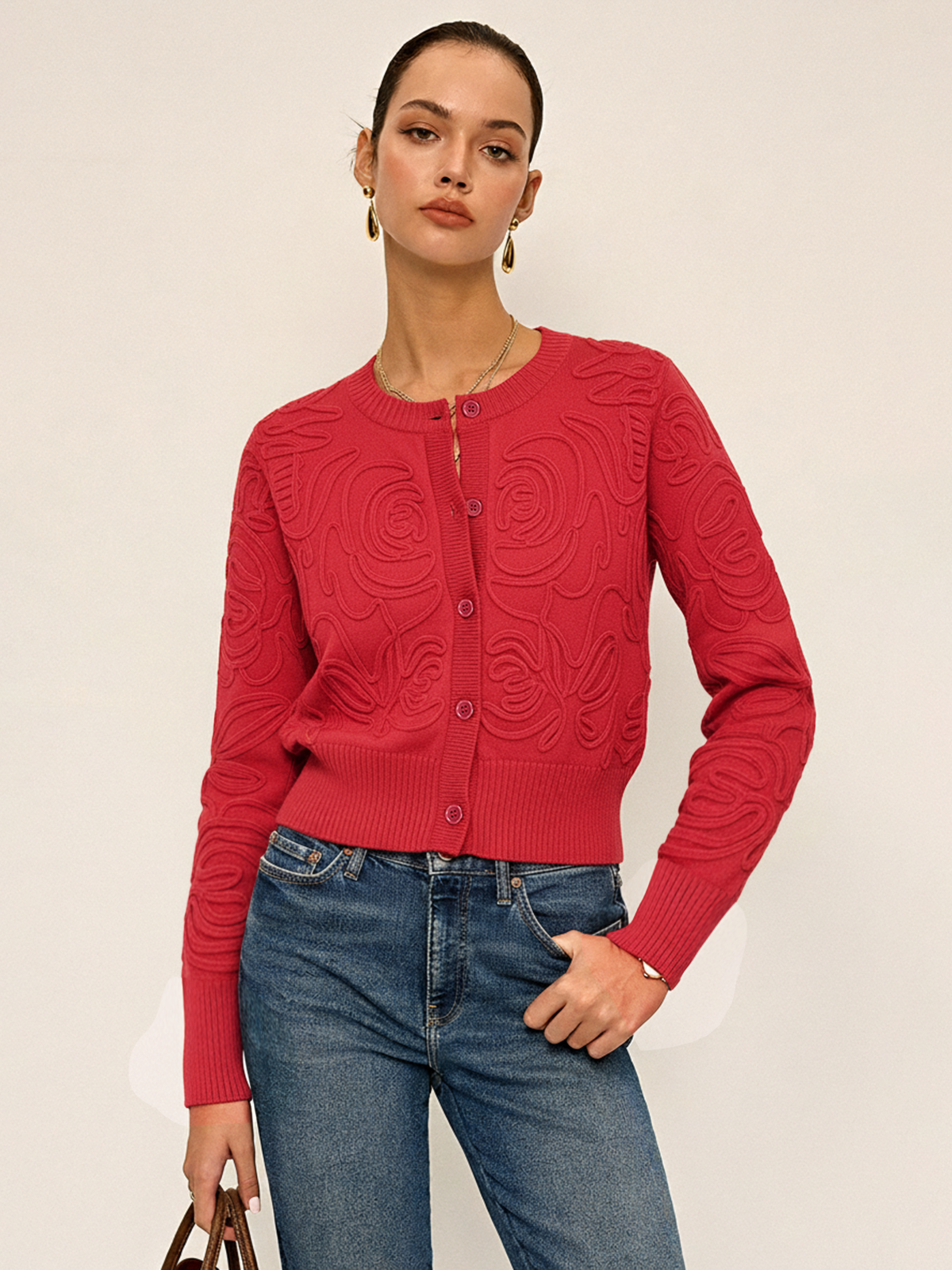Embroidered Crew Neck Knit Top