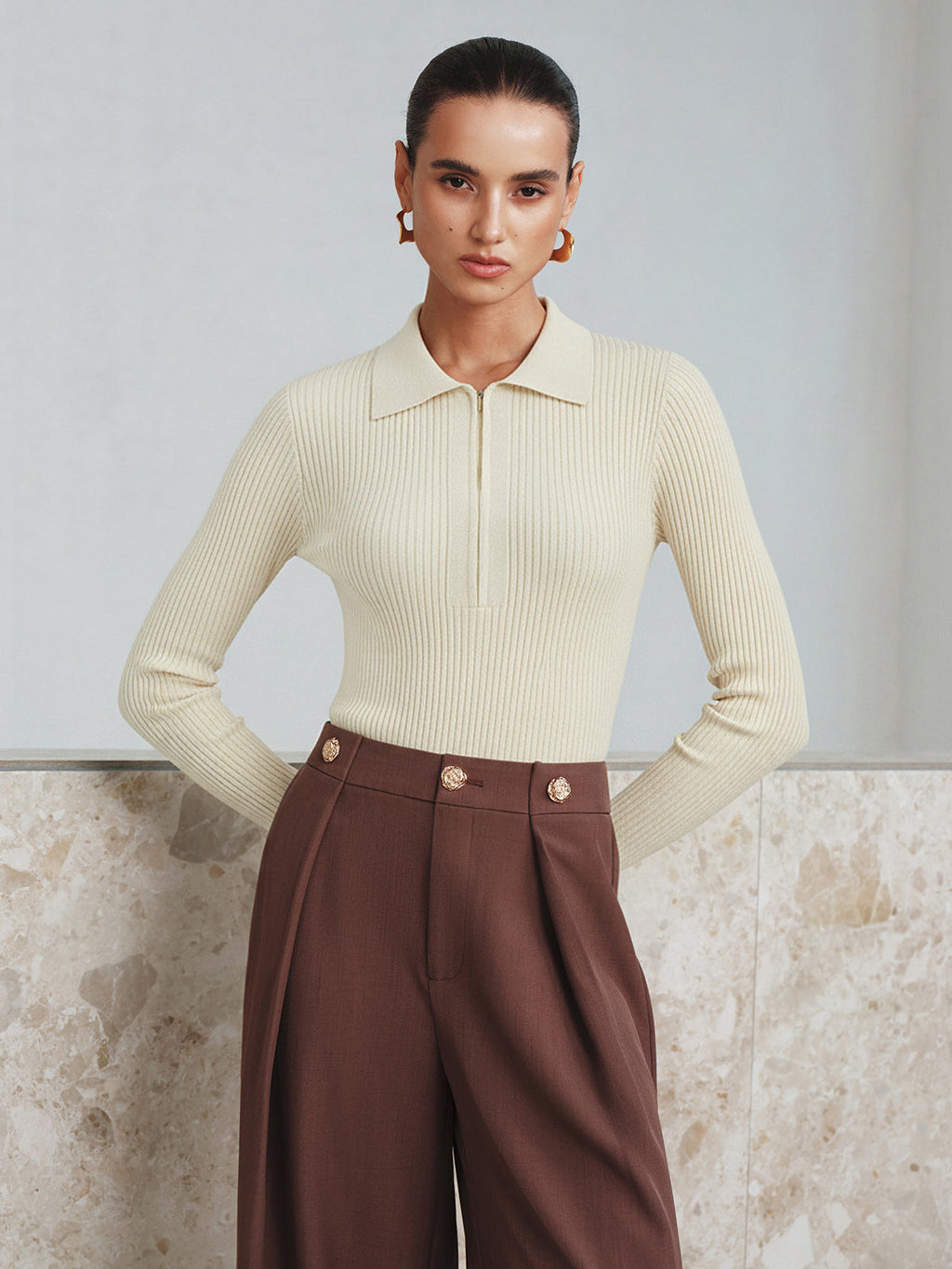 Body en maille côtelée à col polo zippé