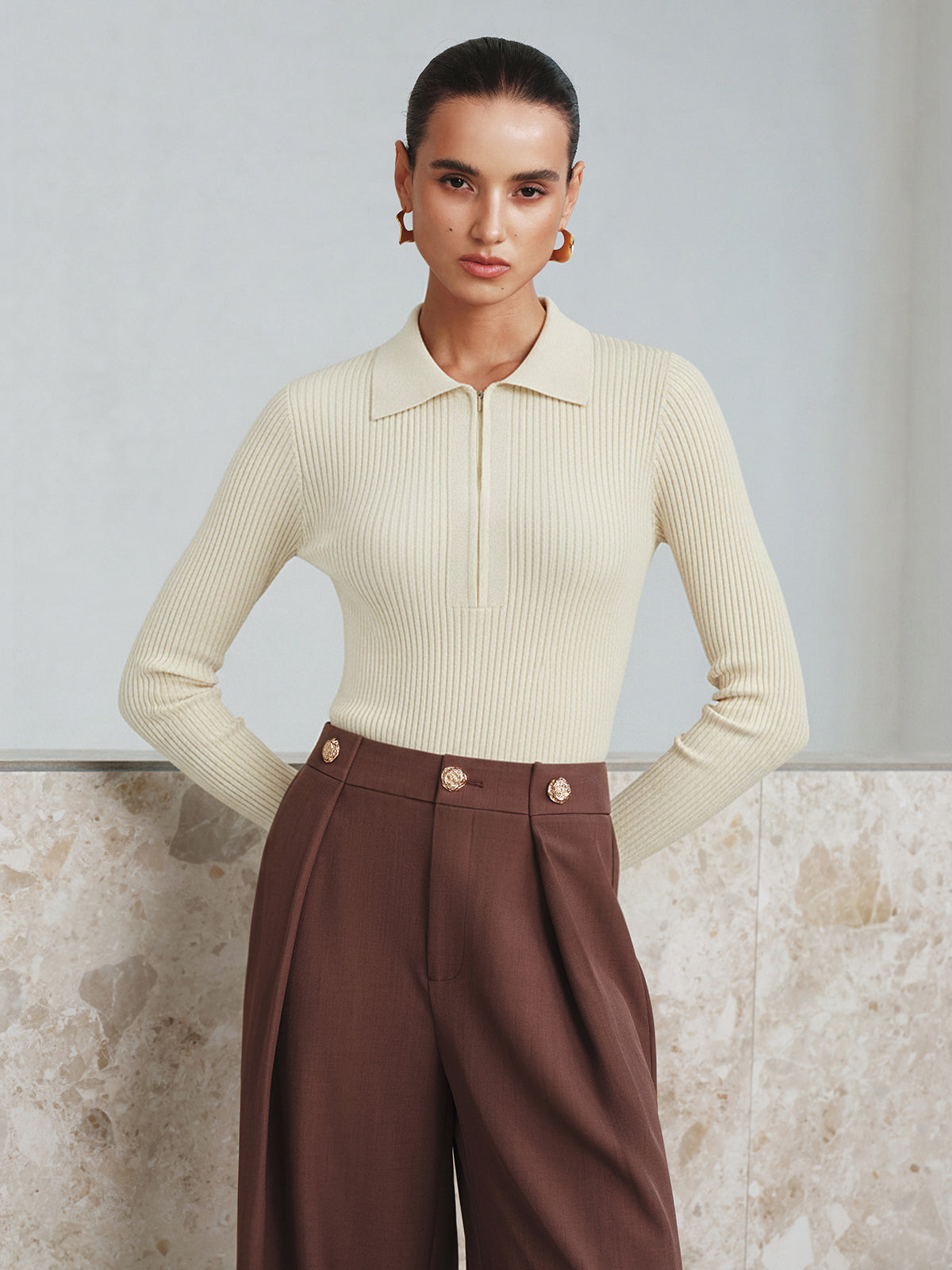 Body en maille côtelée à col polo zippé