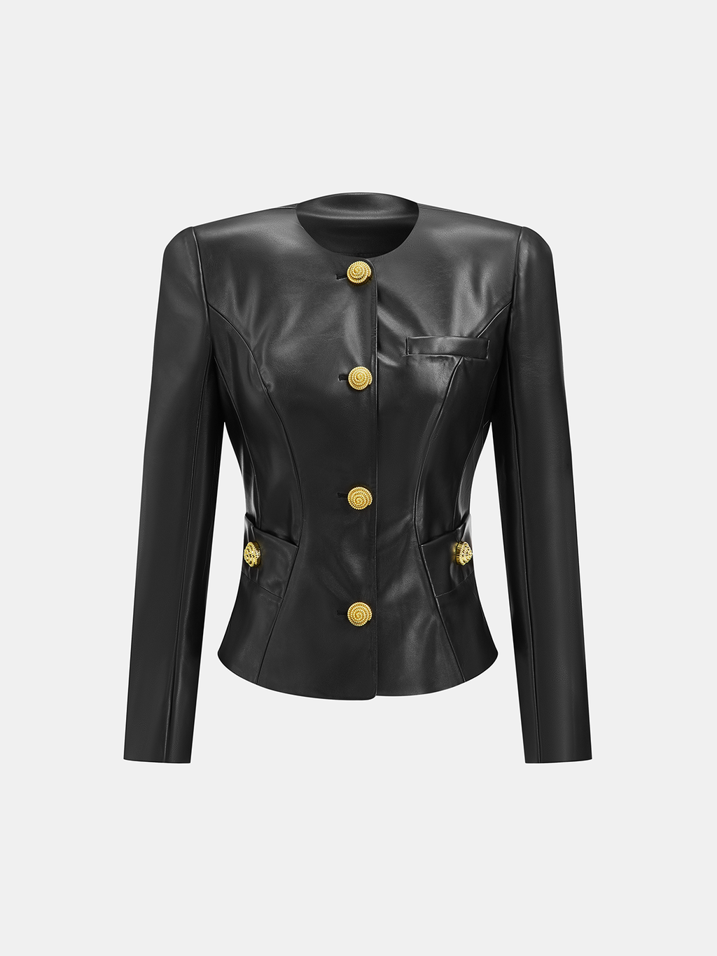 Faux Leather Round Neck Metal Button Fitted Blazer