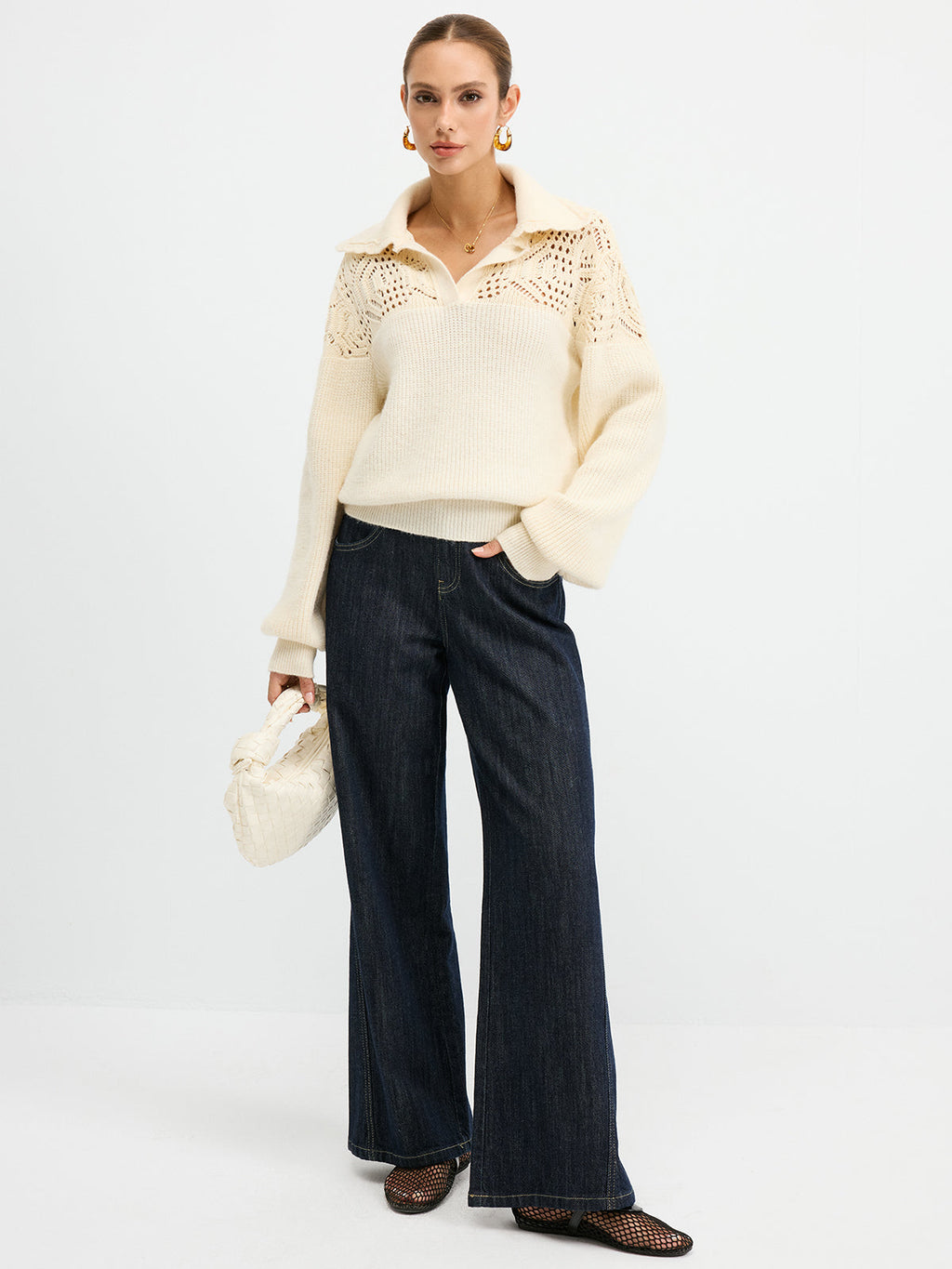 Durchbrochener Polostrickpullover