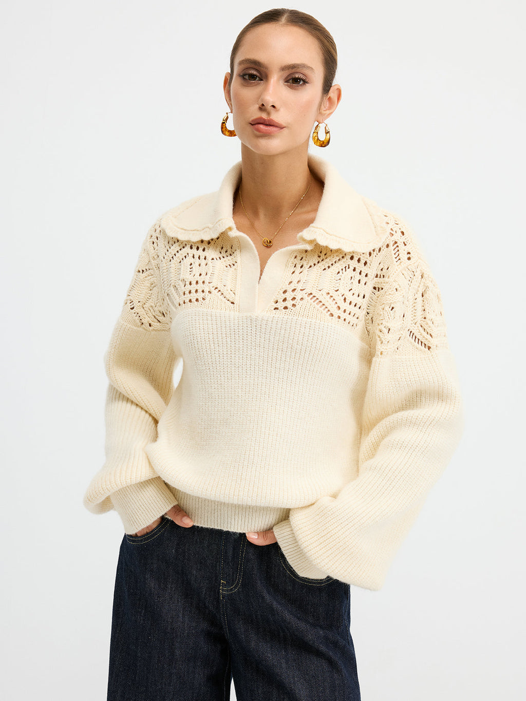 Durchbrochener Polostrickpullover