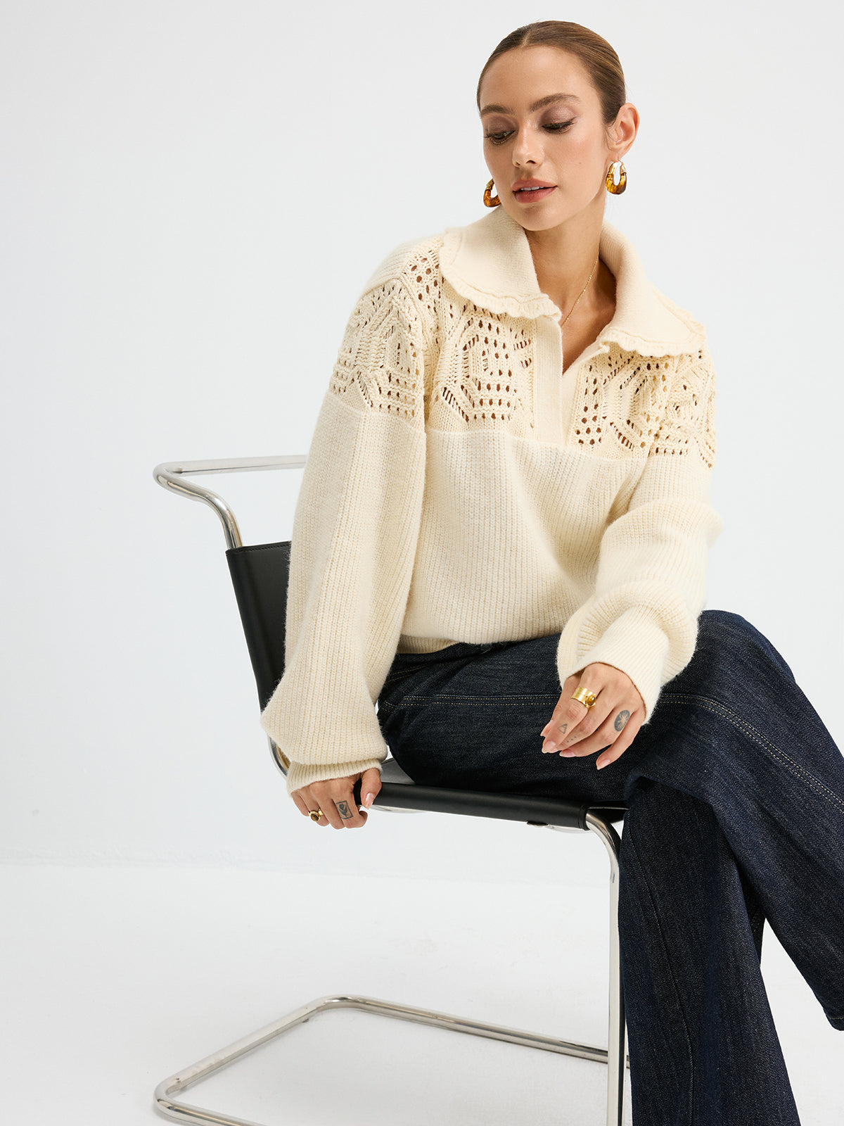 Durchbrochener Polostrickpullover
