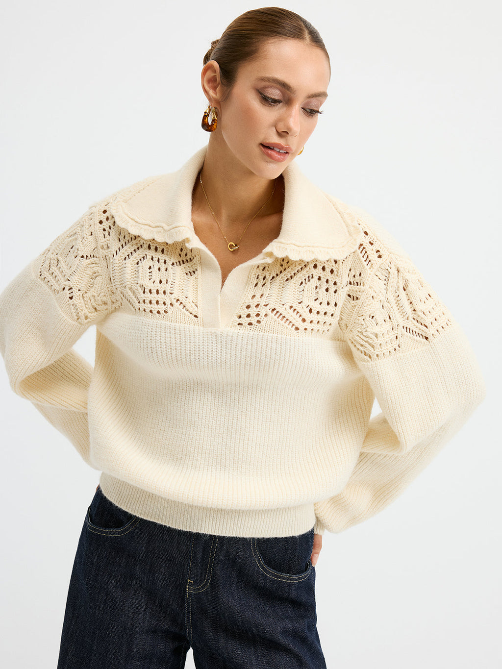 Durchbrochener Polostrickpullover