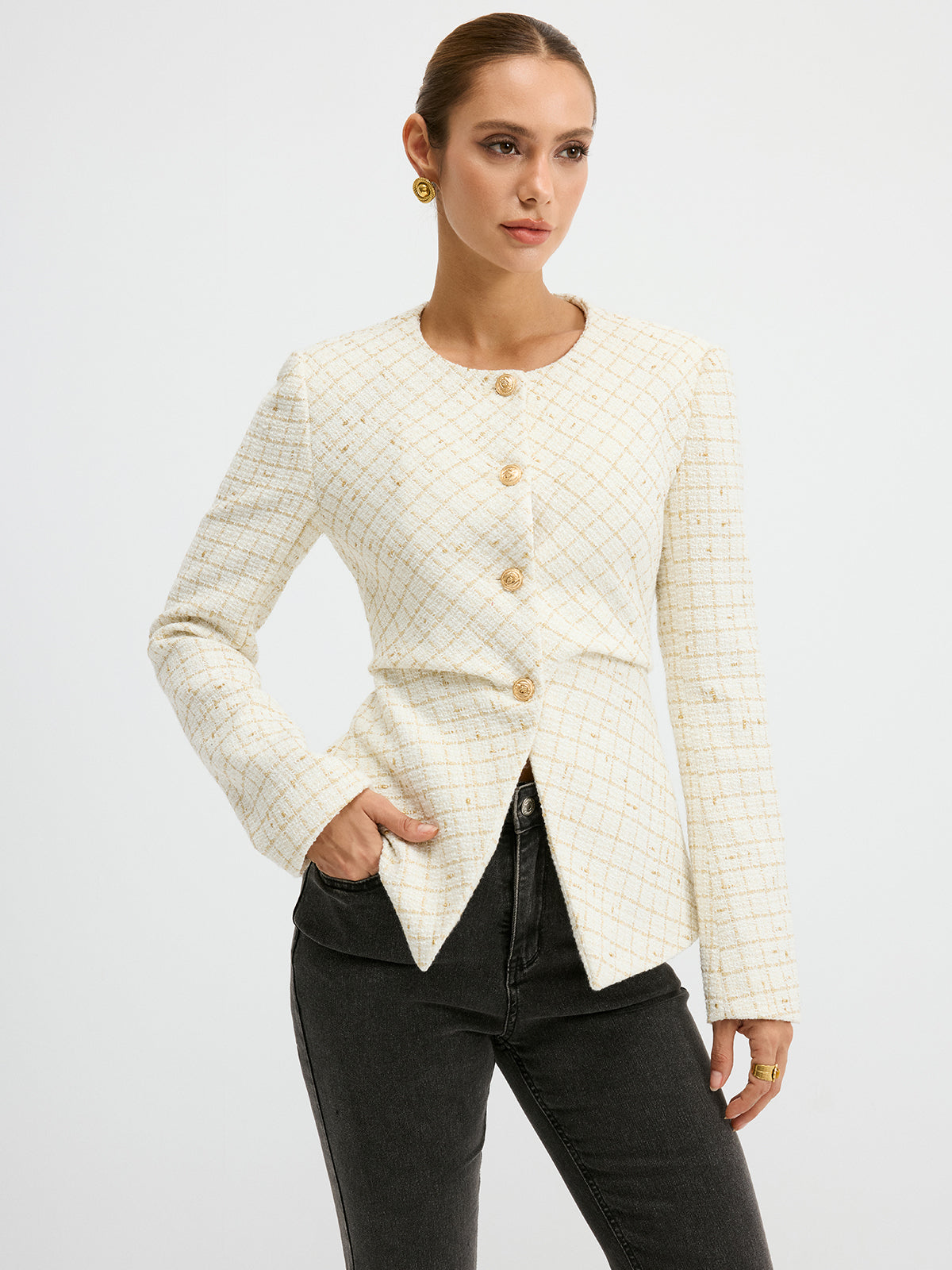 Tweed Round Neck Waist-Cinching Blazer