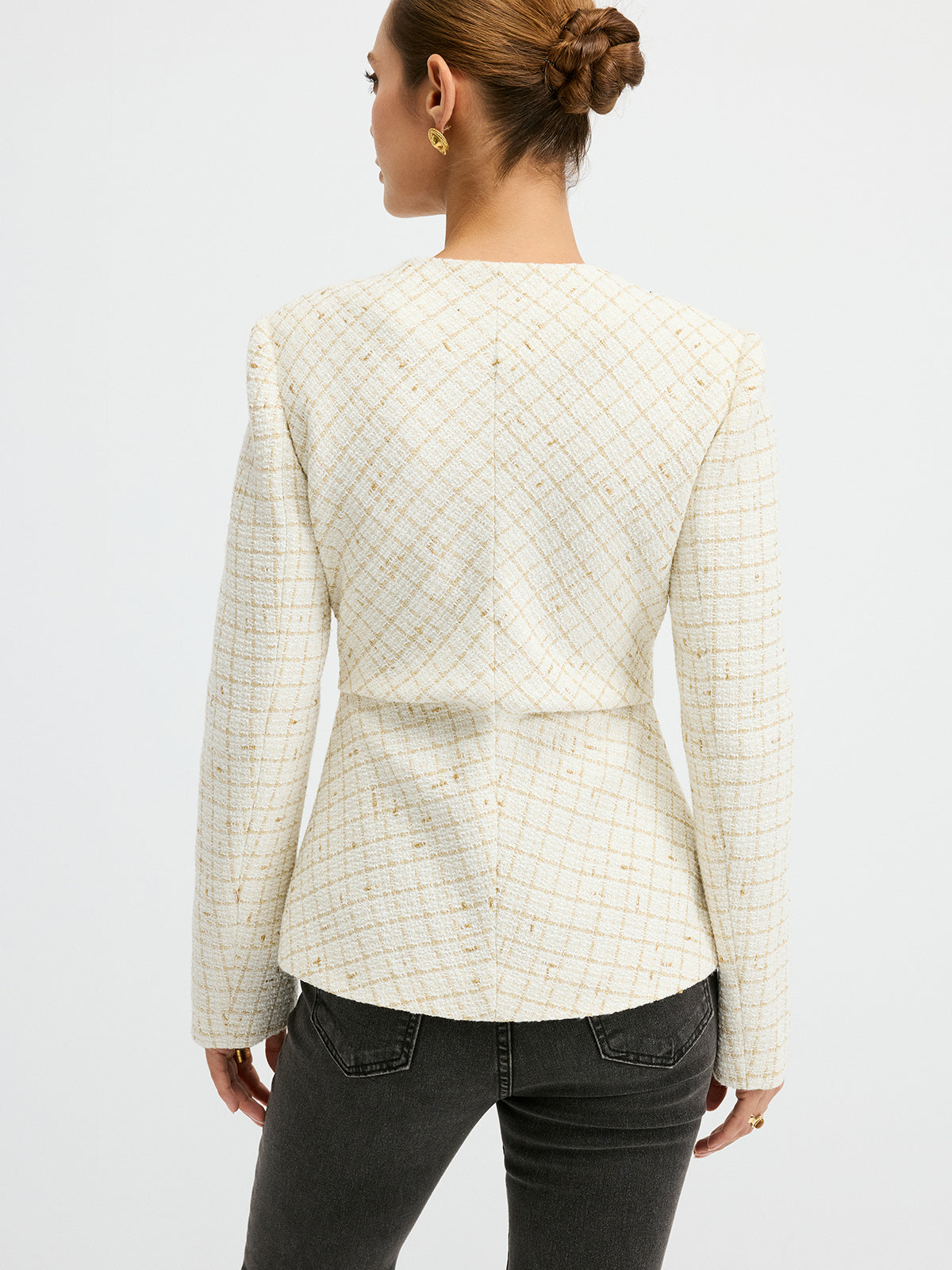 Tweed Round Neck Waist-Cinching Blazer