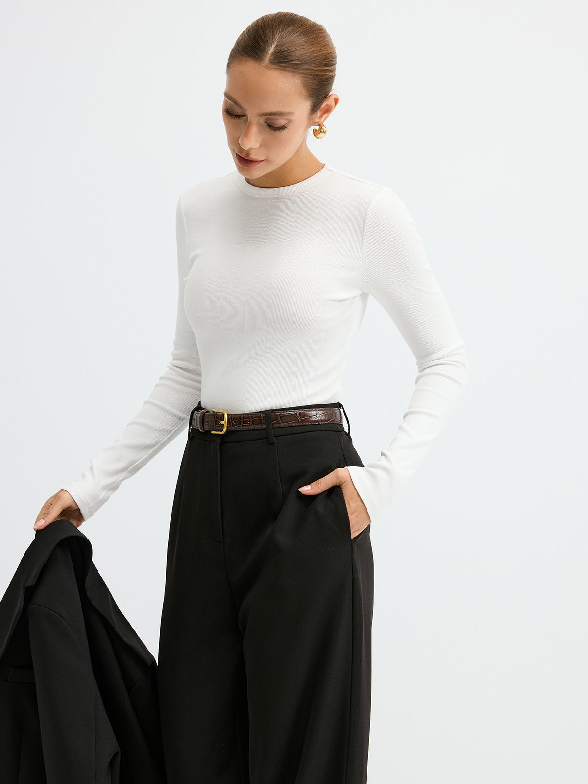 T-shirt à manches longues et col rond côtelé 