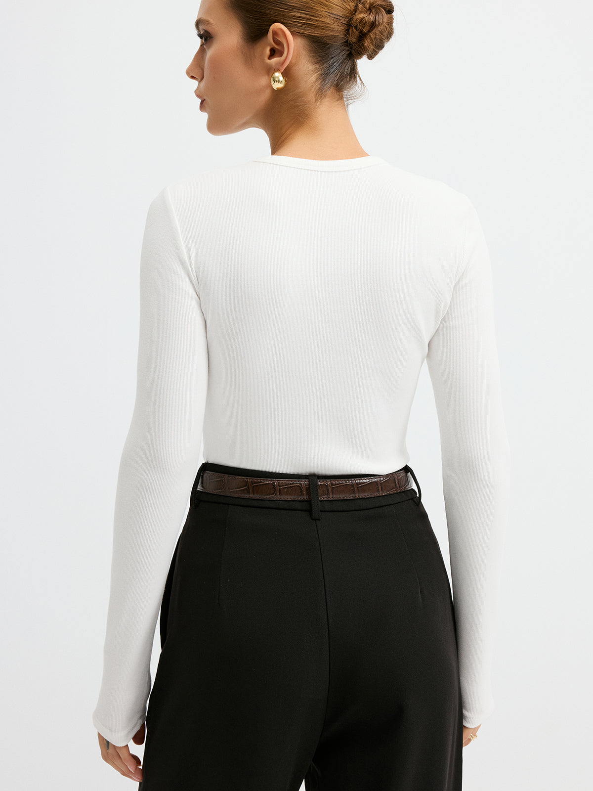 T-shirt à manches longues et col rond côtelé 