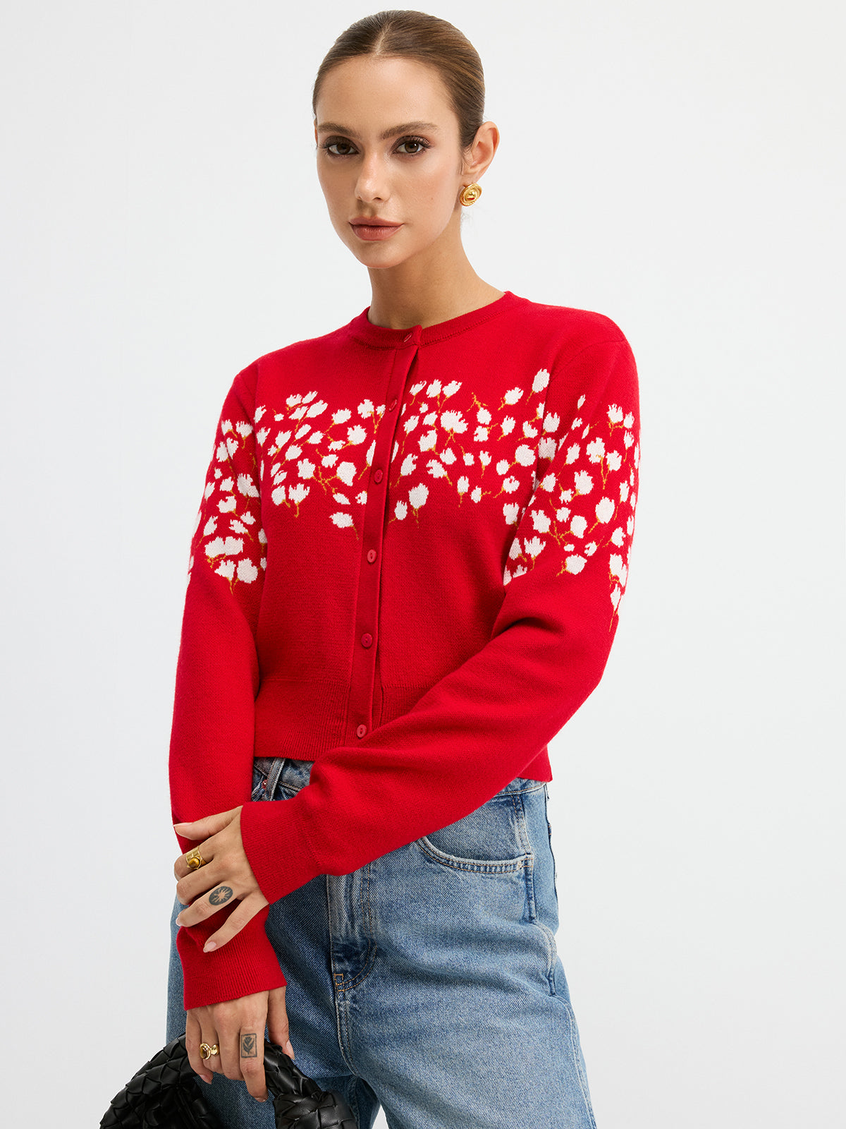 Floral-Patterned Wool Blend Cardigan