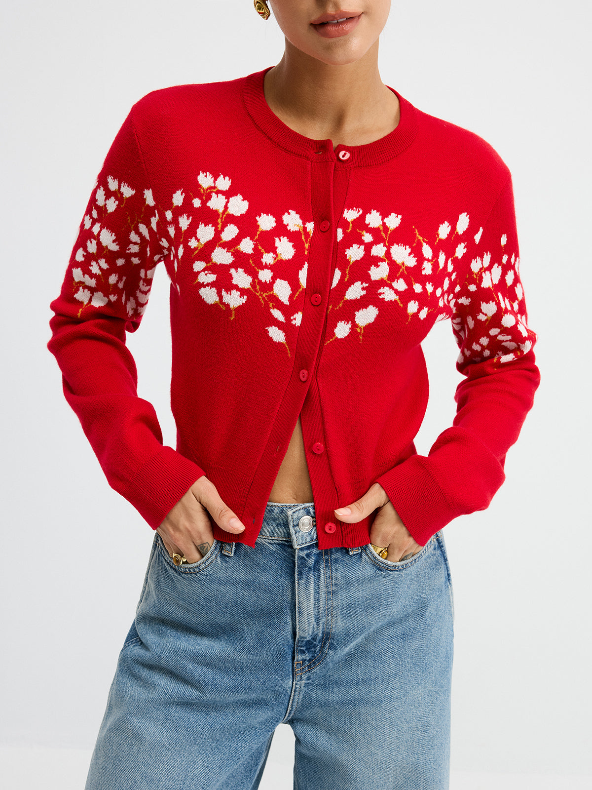 Floral-Patterned Wool Blend Cardigan