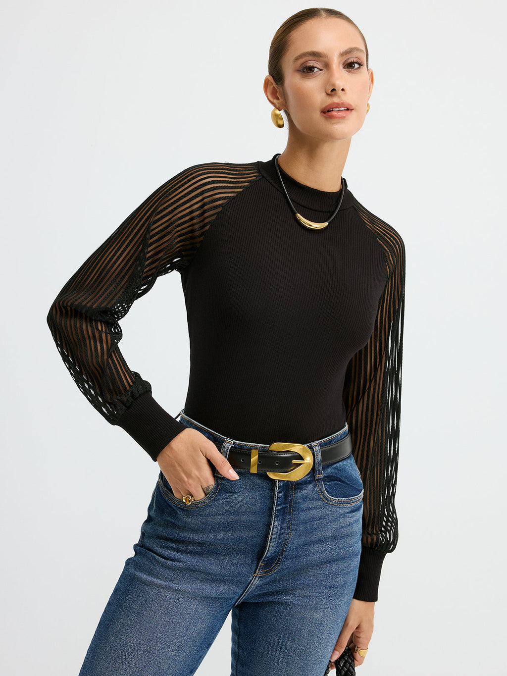 Stehkragen-T-Shirt mit Mesh-Ärmeln
