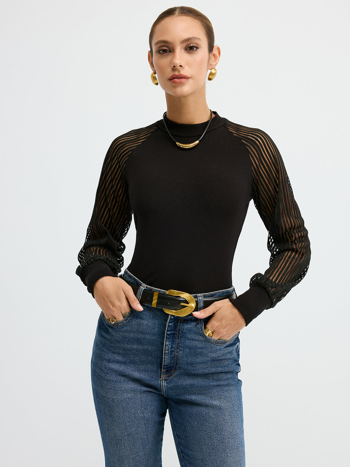 Mock Neck Mesh-Sleeve T-Shirt