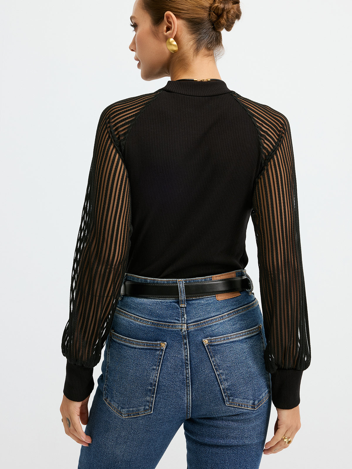 Mock Neck Mesh-Sleeve T-Shirt