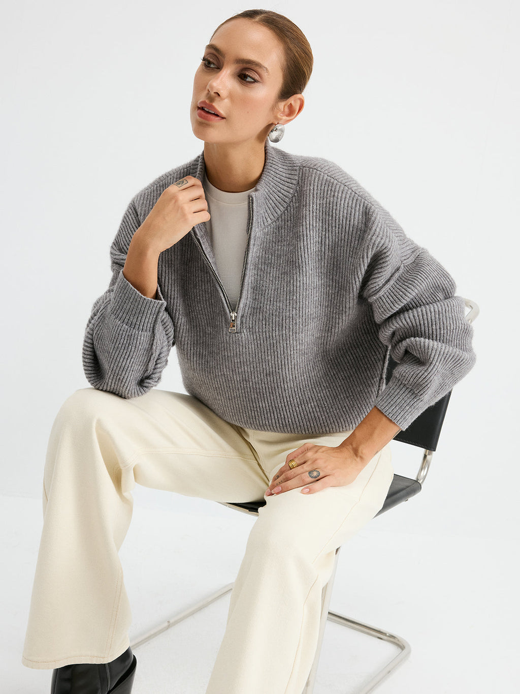 Pullover mit halbem Reißverschluss aus Wollmischung