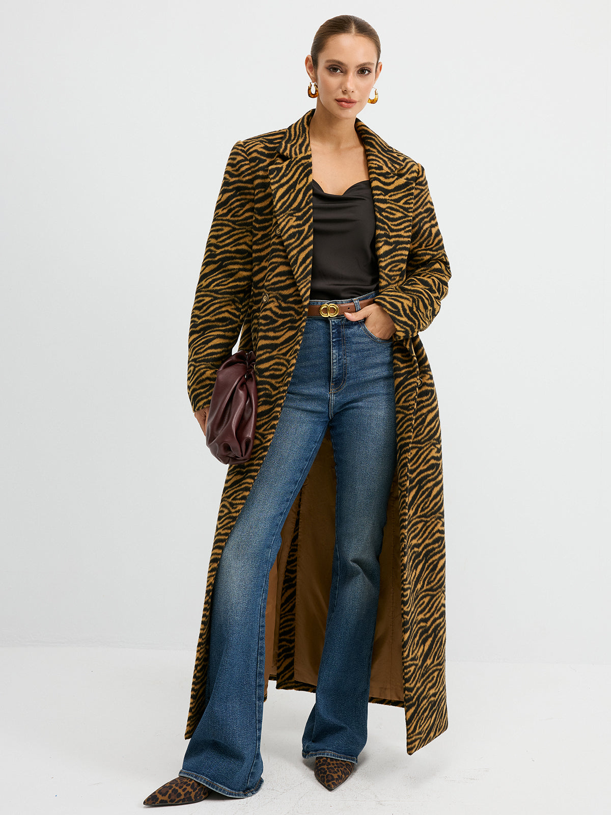 Tiger Print Oversized Tweed Long Coat