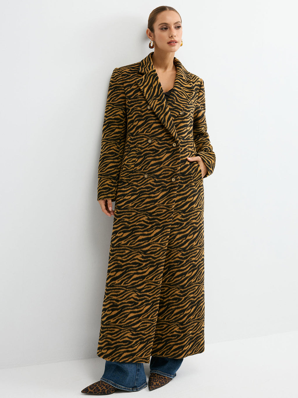Oversize-Tweed-Mantel mit Tigerprint