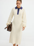 Robe longue gaufrée à col contrastant