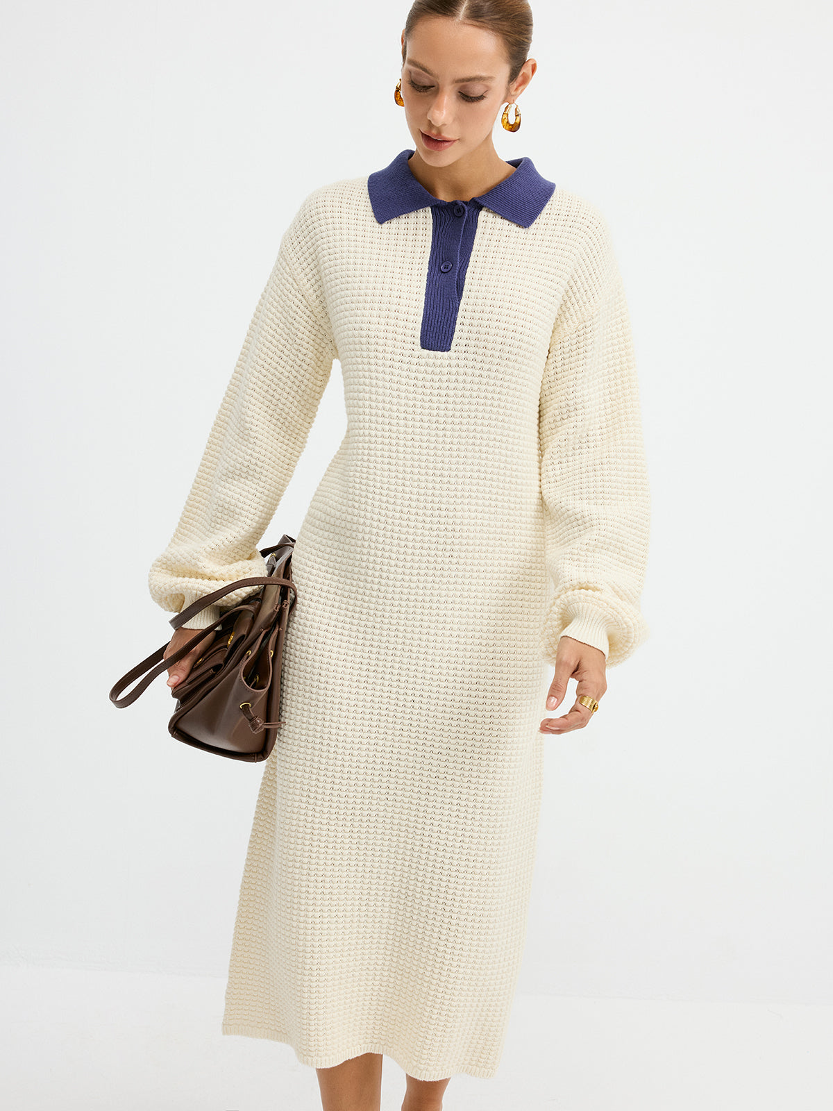 Contrast Collar Waffle-Knit Maxi Dress