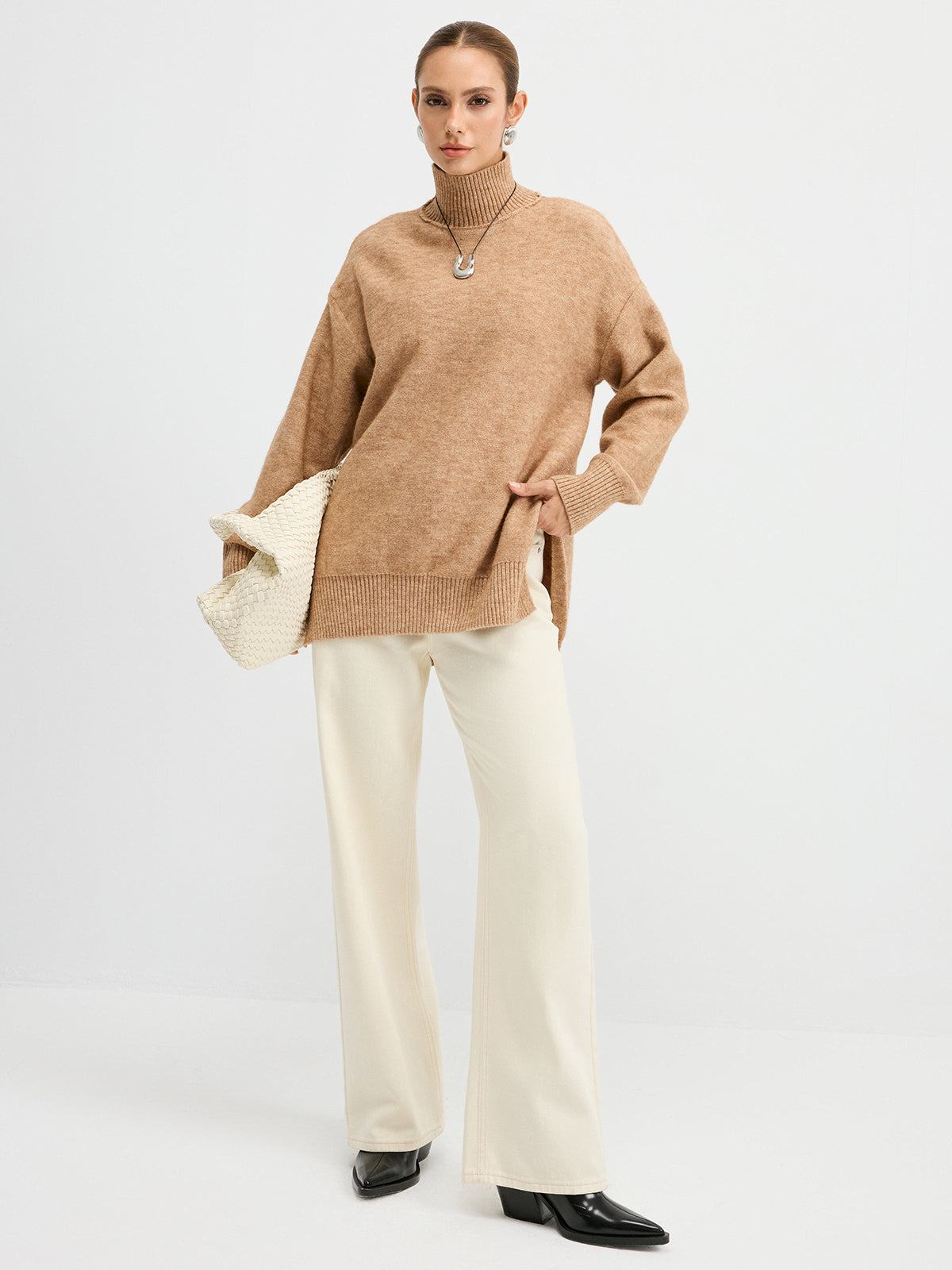 Turtleneck Side-Slit Oversized Casual Sweater