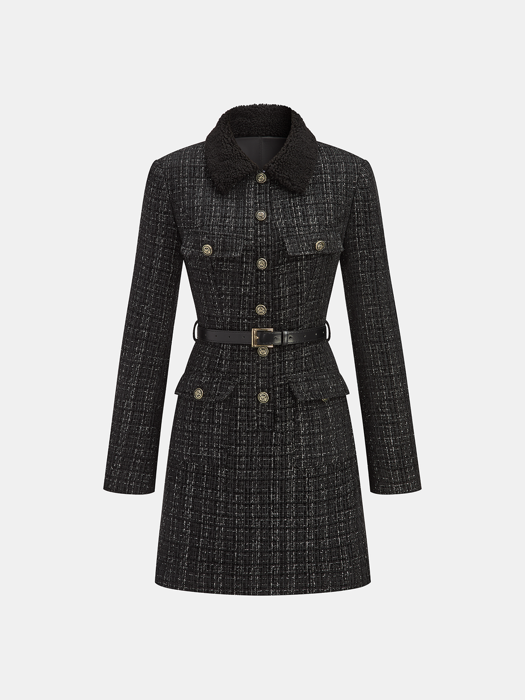 Mini-robe ceinturée en tweed à col en fausse fourrure