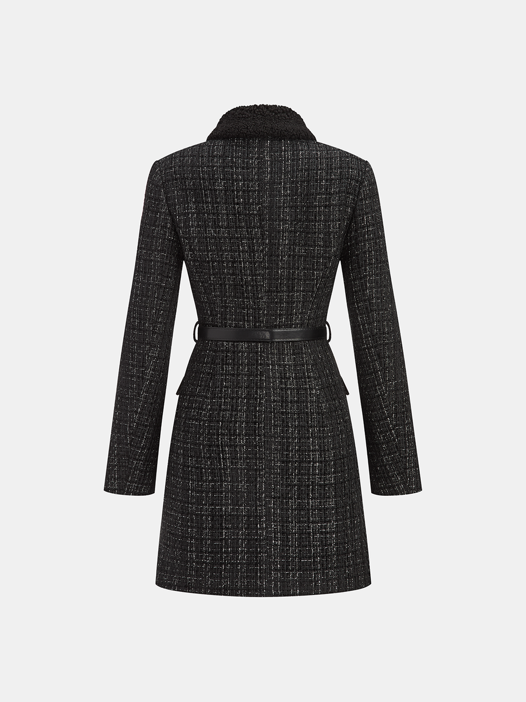 Mini-robe ceinturée en tweed à col en fausse fourrure