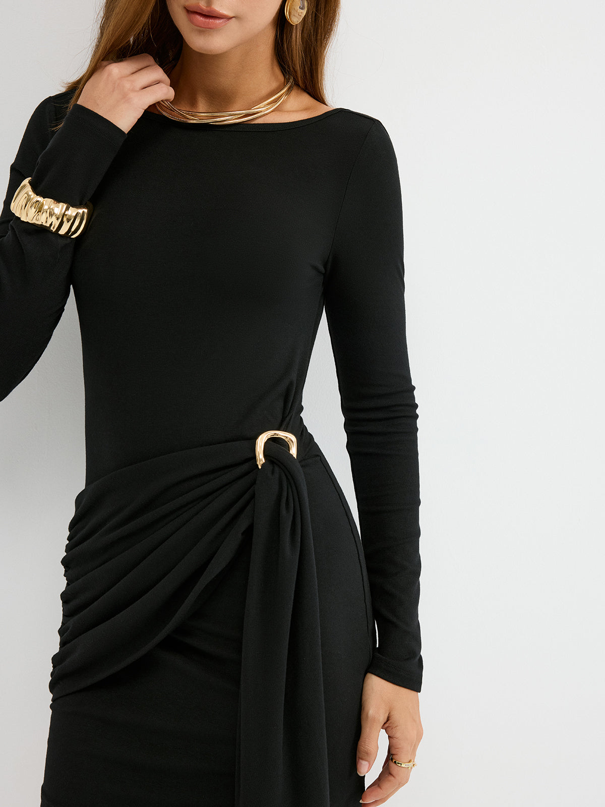 Metal Buckle Ruched Backless Mini Dress