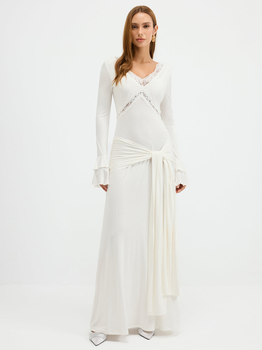 Lace Trim Tie-Waist Tiered Flared-Cuff Maxi Dress