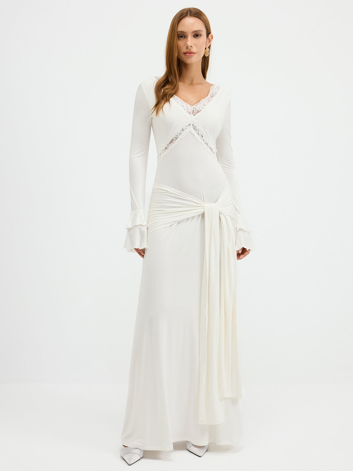 Lace Trim Tie-Waist Tiered Flared-Cuff Maxi Dress