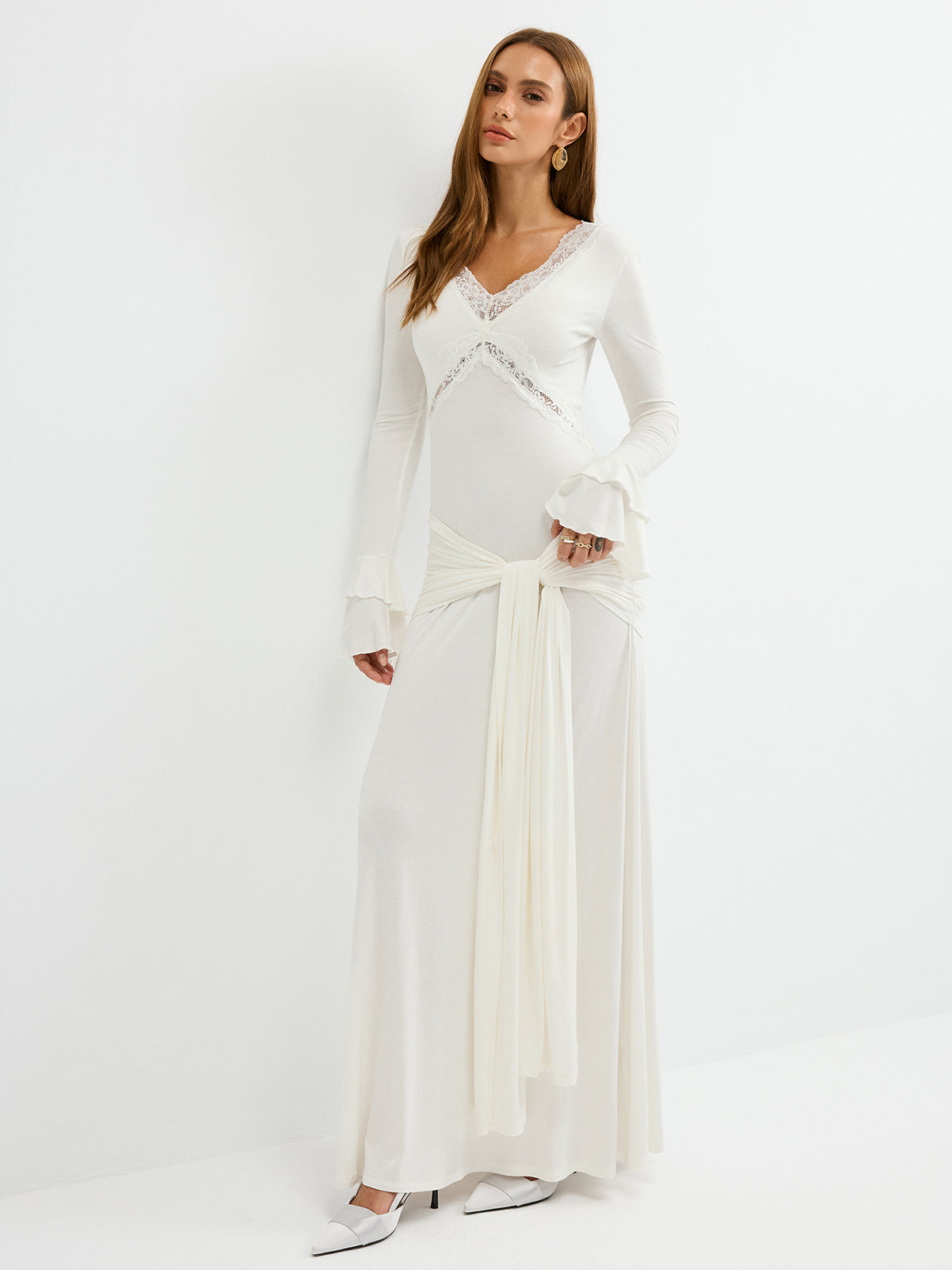 Lace Trim Tie-Waist Tiered Flared-Cuff Maxi Dress
