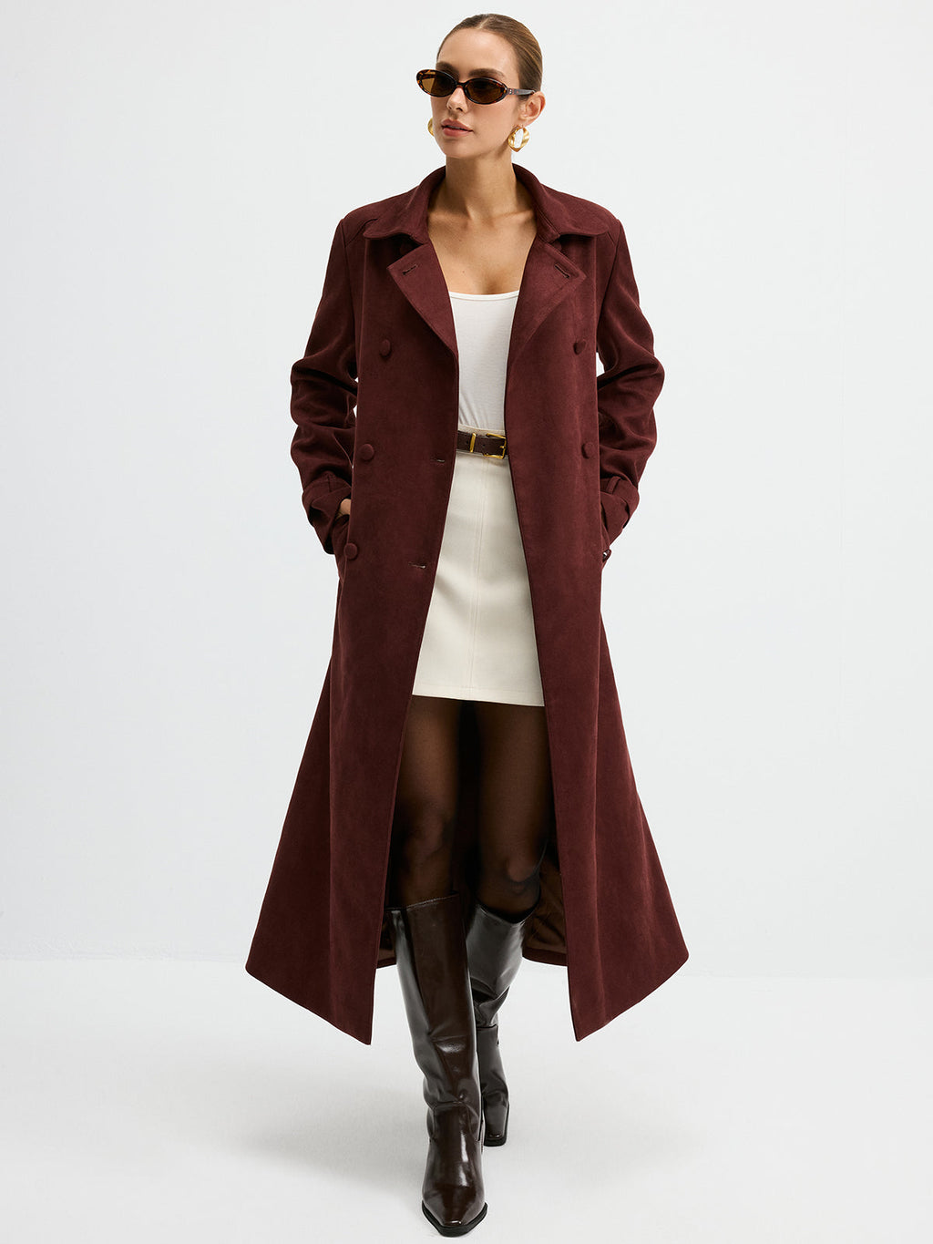 Wildleder-Trenchcoat mit doppelreihiger Knopfleiste