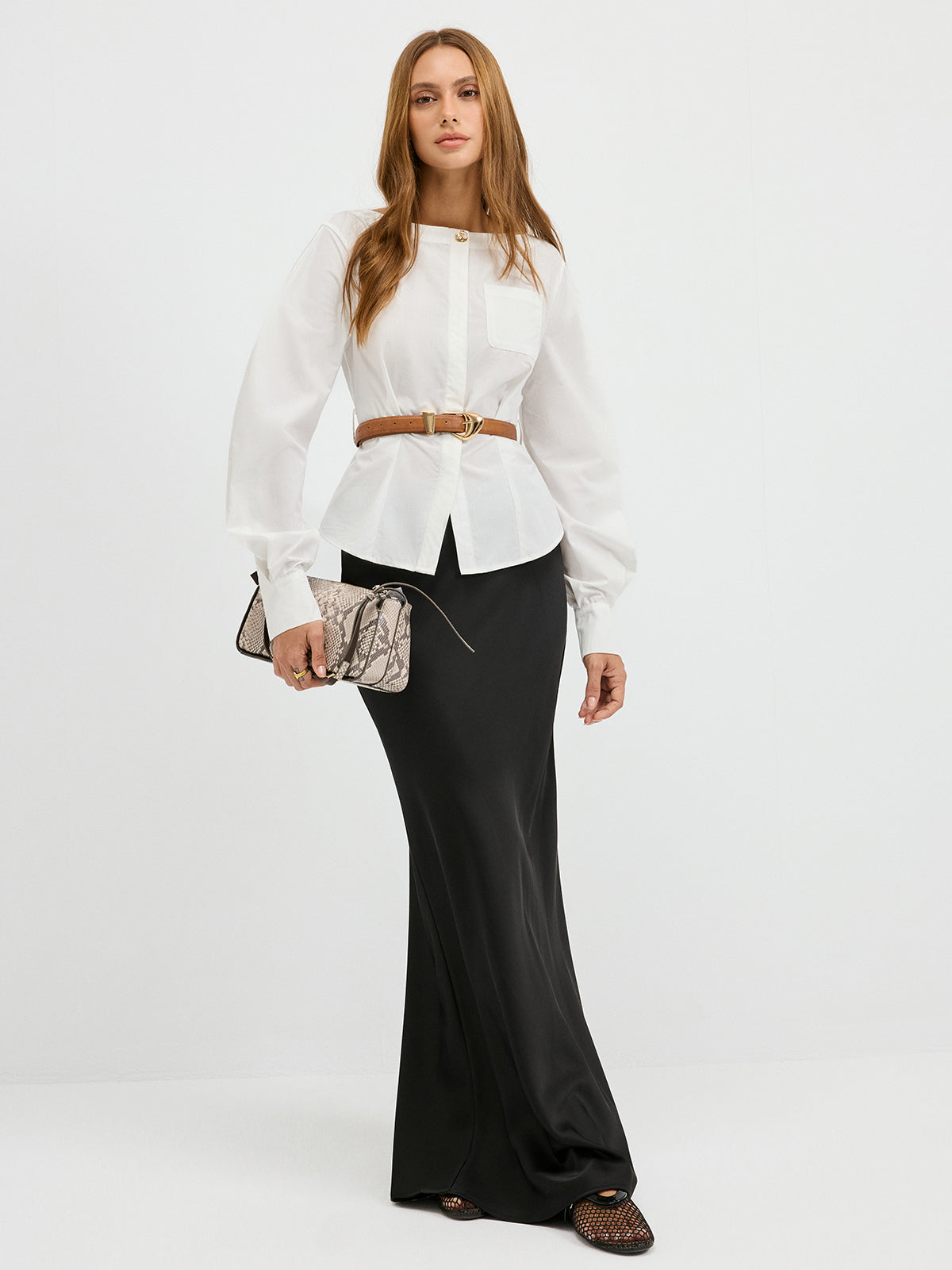 Boat Neck Curved Sleeve Belted Shirt