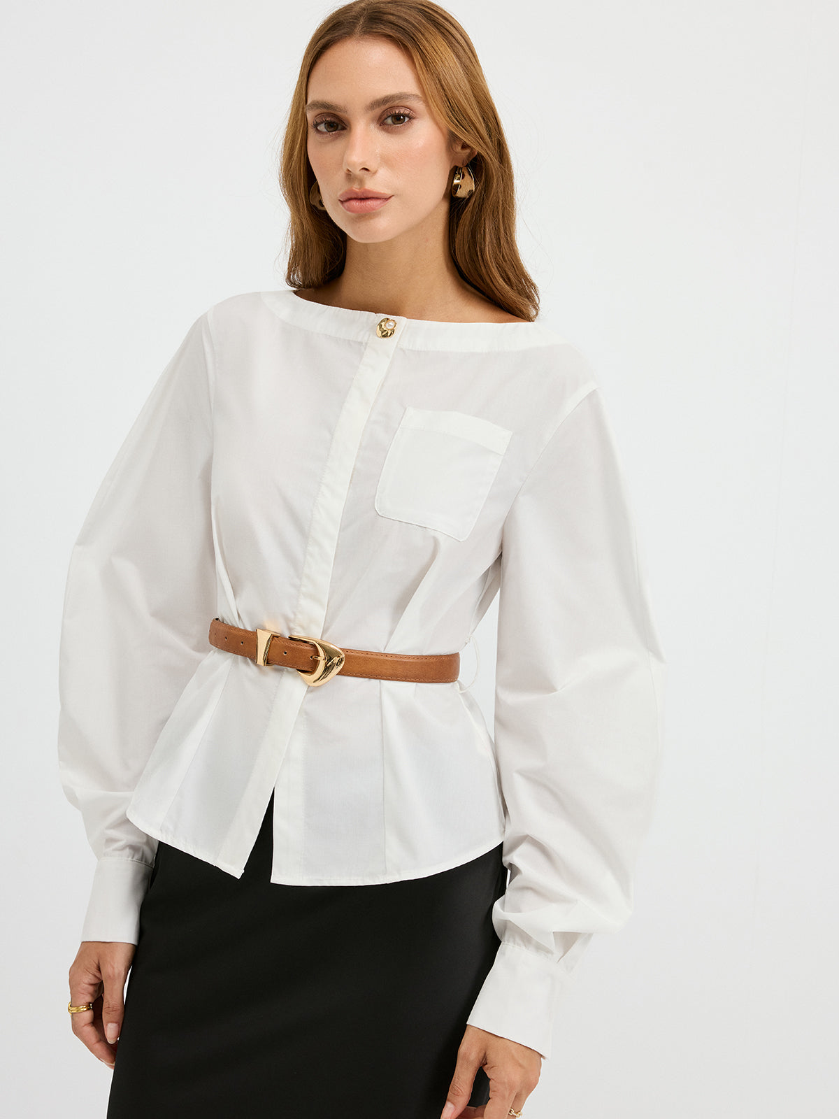 Boat Neck Curved Sleeve Belted Shirt