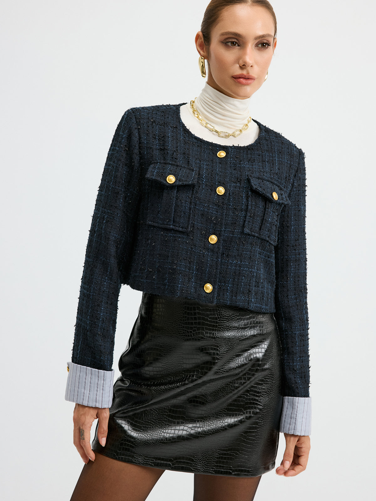Tweed Cuffed-Sleeve Cropped Wool Blend Jacket