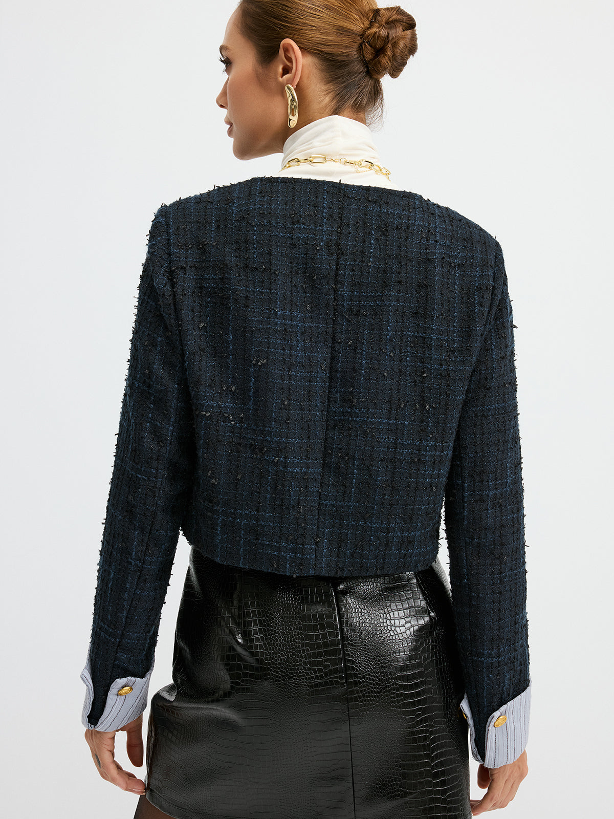 Tweed Cuffed-Sleeve Cropped Wool Blend Jacket