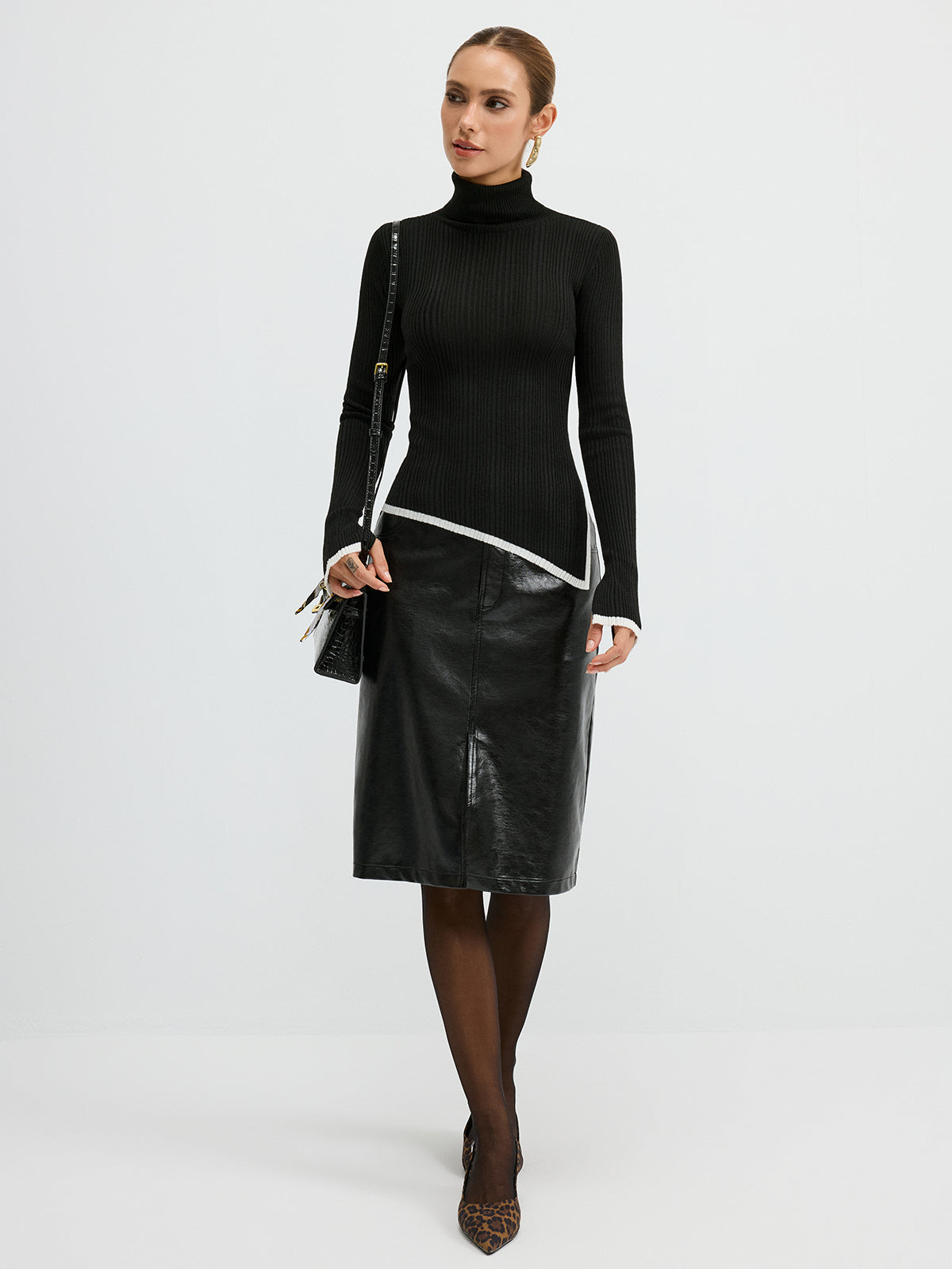 Turtleneck Contrast Trim Slit Wool Blend Knit Top