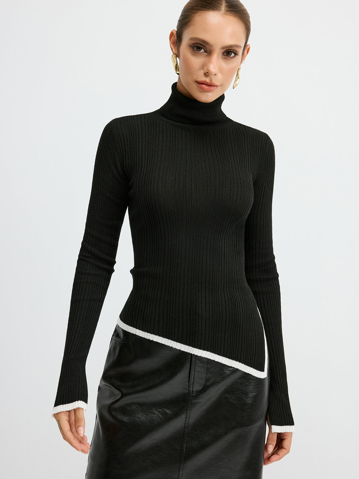 Turtleneck Contrast Trim Slit Wool Blend Knit Top
