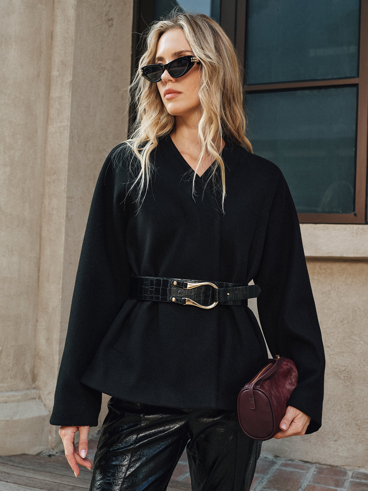 V-Neck Belted Cotton Blend Coat