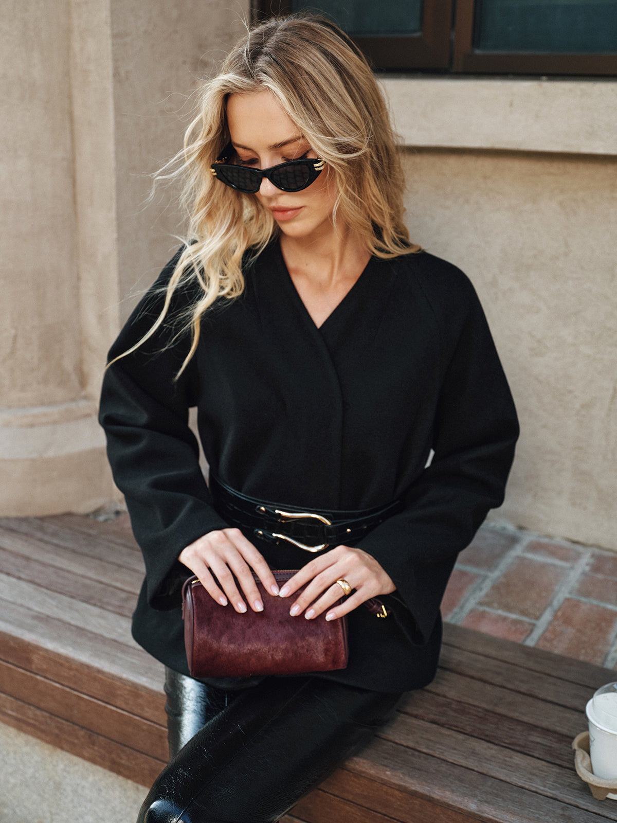 V-Neck Belted Cotton Blend Coat