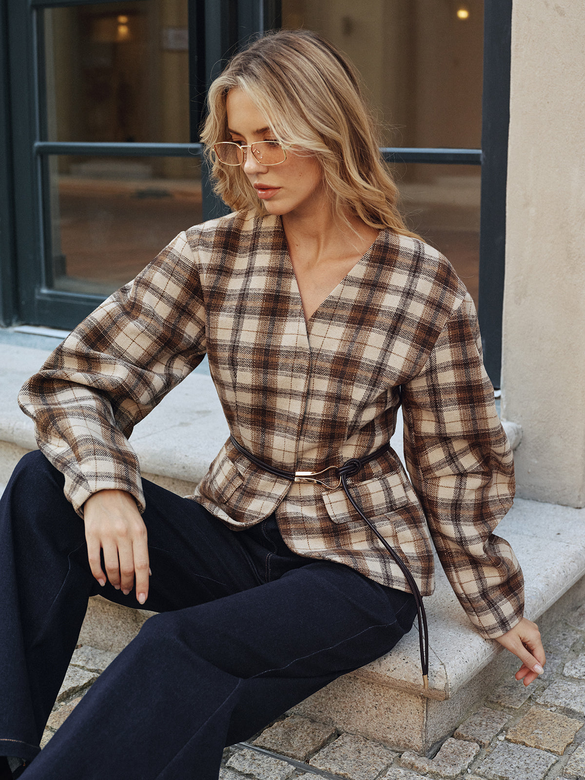 Belted Plaid Tweed Coat