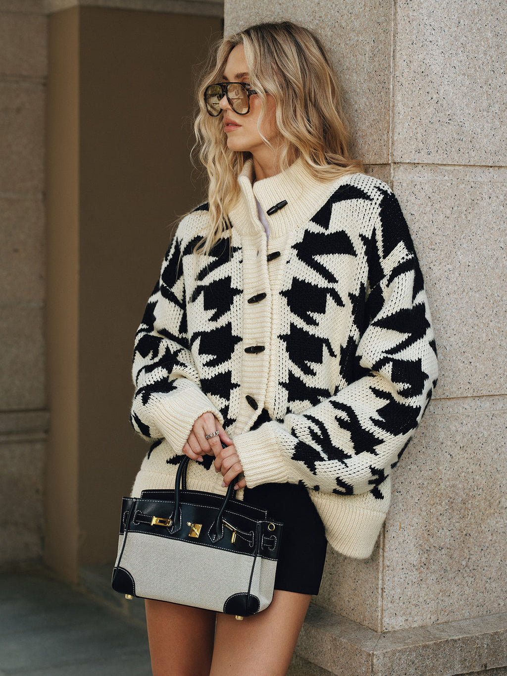 Houndstooth Horn Button Knit Cardigan